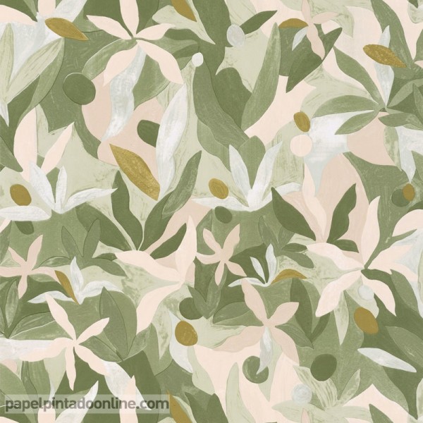 paper pintat fulles verd militar i beige decoració naturalesa artística