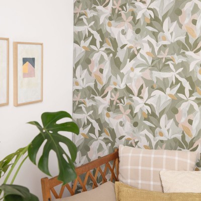 papel de parede com folhas verdes militares e bege decoração artística da natureza
