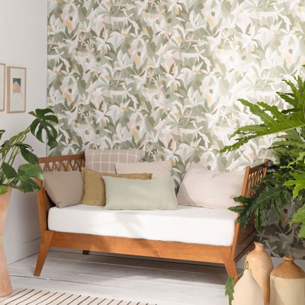 papel pintado hojas verde militar y beige decoración naturaleza artística