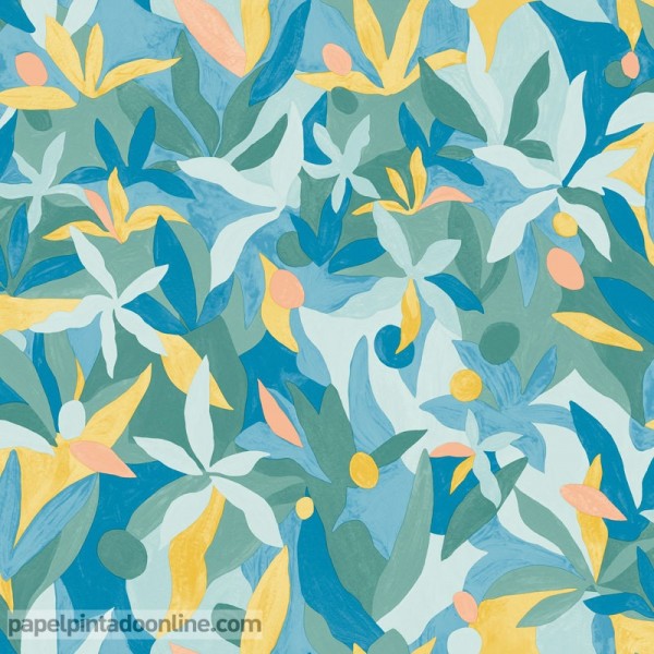 papel pintado con hojas acuarela en color azul , amarillo y verde