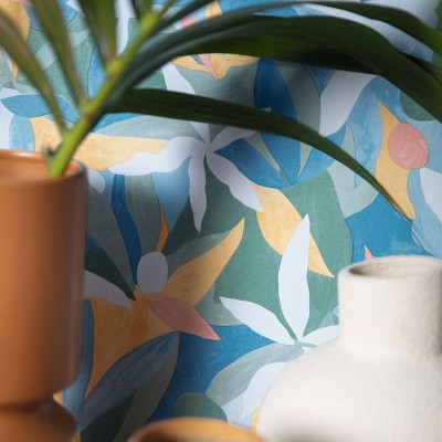 paper pintat amb fulles aquarel·la de color blau, groc i verd 2