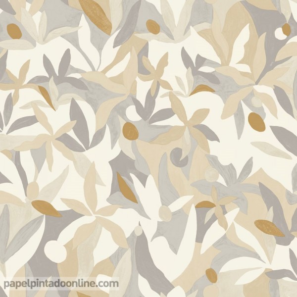 Papel de parede de flores bege e cinza com dourado, decoração artística de natureza