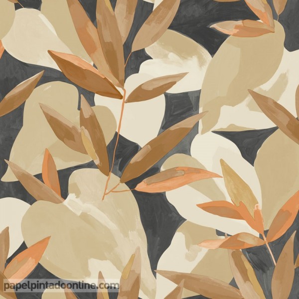 papel pintado con hojas acuarela naranja y beige