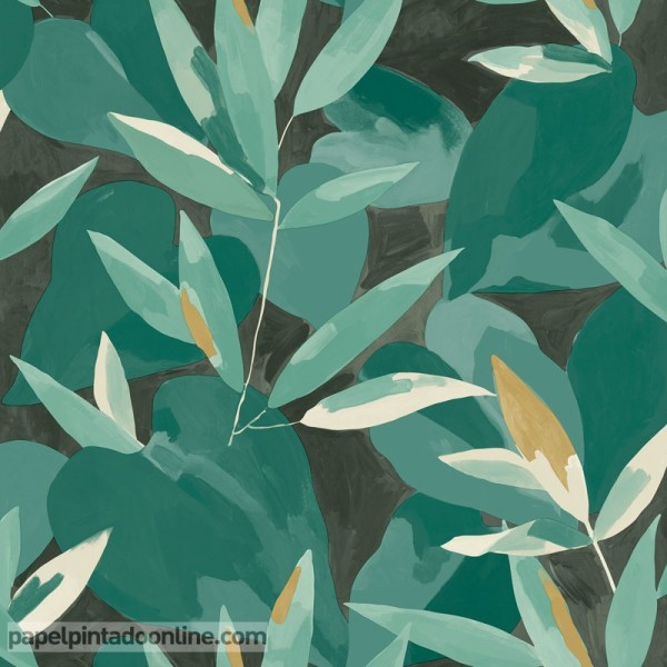 papel de parede com folhas verdes fundo preto, desenho artístico