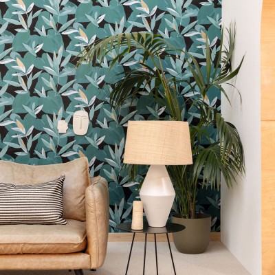 papel de parede com folhas verdes fundo preto, desenho artístico 2