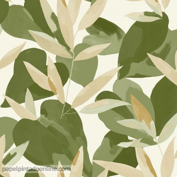 papel de parede com folhas verde militar e decoração bege natureza artística