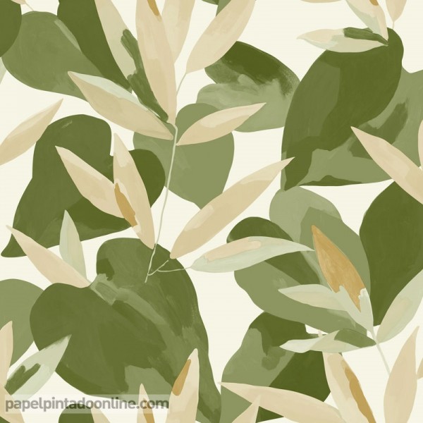 papel pintado hojas verde militar y beige decoración naturaleza artística