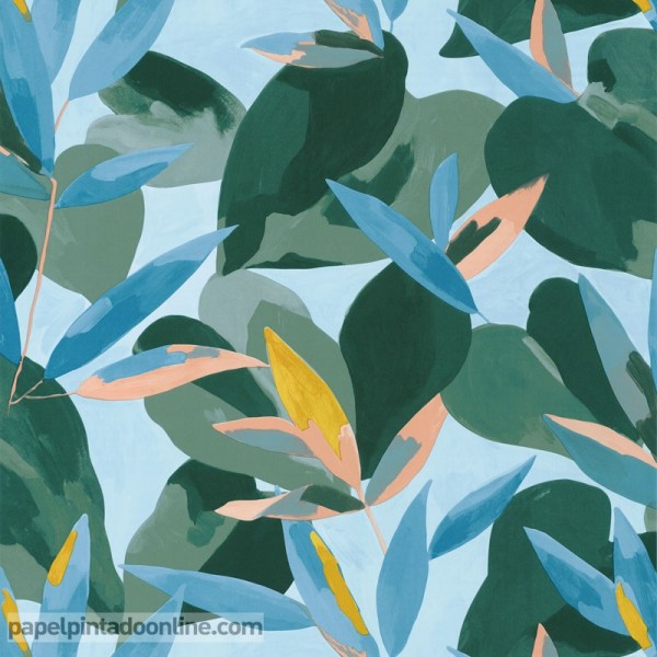 papel de parede verde, azul e folhas de salmão, design artístico