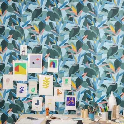 papel de parede verde, azul e folhas de salmão, design artístico