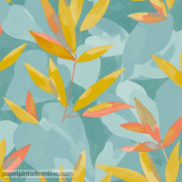 papel de parede de folhas azuis, ocre e laranja, desenho artístico