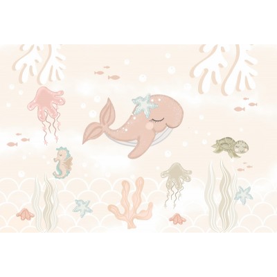 Mural Infantil fondo marino con ballena nadando Entre Olas VCEO-043 Mural Infantil fondo marino con ballena nadando Entre Olas VCEO-043