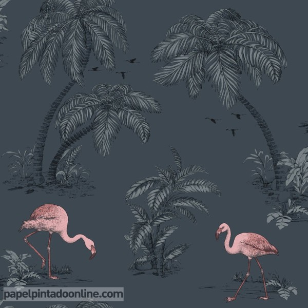 papel de parede flamingos rosa em fundo azul marinho referência 12382 coleção imaginarium 2