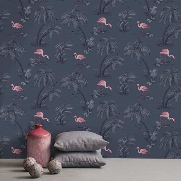 papel de parede flamingos rosa em fundo azul marinho referência 12382 coleção imaginarium 2