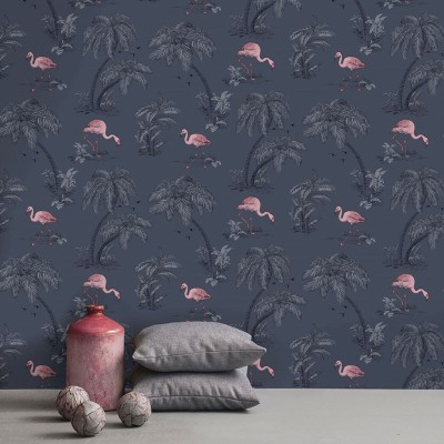papel de parede flamingos rosa em fundo azul marinho referência 12382 coleção imaginarium 2