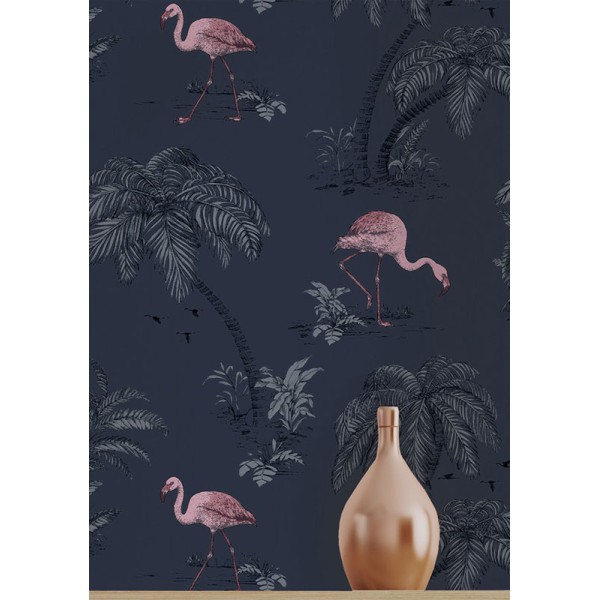 papel de parede flamingos rosa em fundo azul marinho referência 12382 coleção imaginarium 2