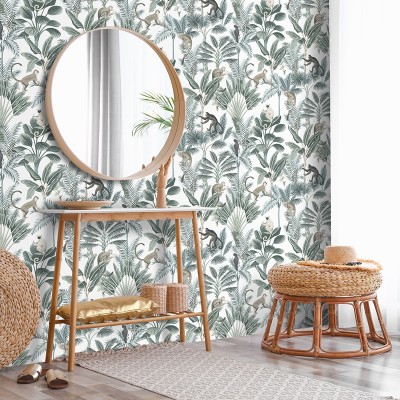 papel de parede macacos com folhas tropicais verde água escuro