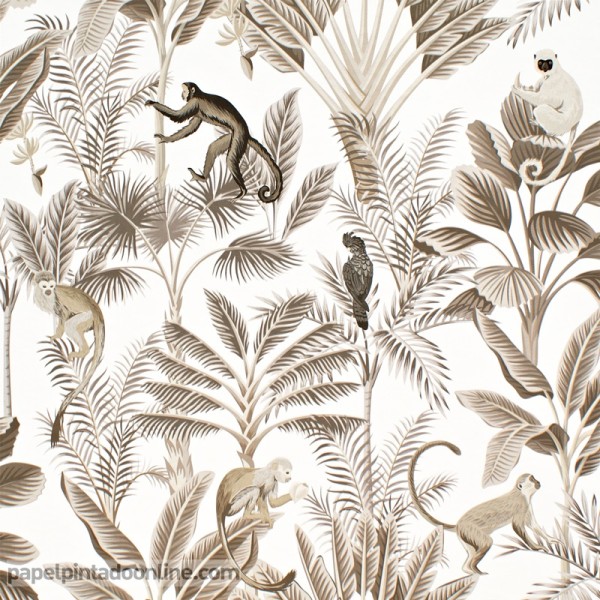 papel de parede de macacos com folhas tropicais douradas