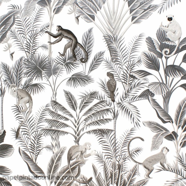 papel de parede de macacos com folhas tropicais prateadas