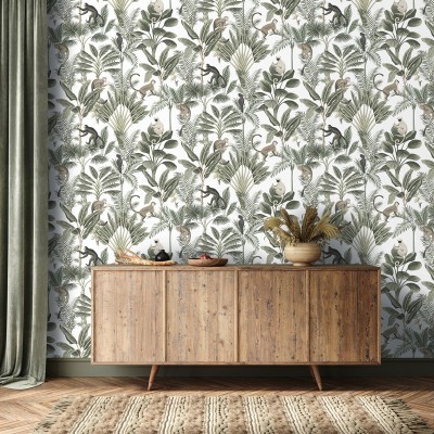 papel de parede de macacos com folhas tropicais verdes