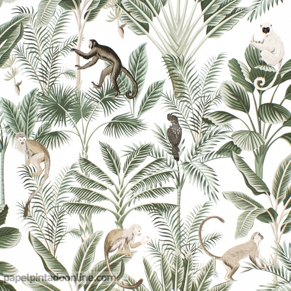 papel de parede de macacos com folhas tropicais verdes