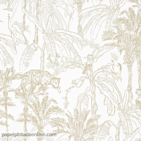 Papel pintado selva ocre tropical animales y plantas 219