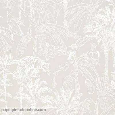 Papel pintado selva tropical animales y plantas fondo color piedra 211 Papel pintado selva tropical animales y plantas fondo color piedra 211