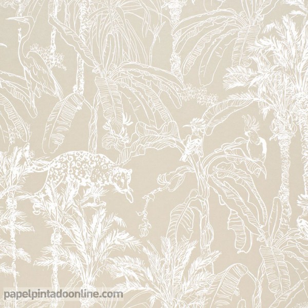 papel de parede da selva com animais e plantas de estilo tropical fundo bege pérola 215