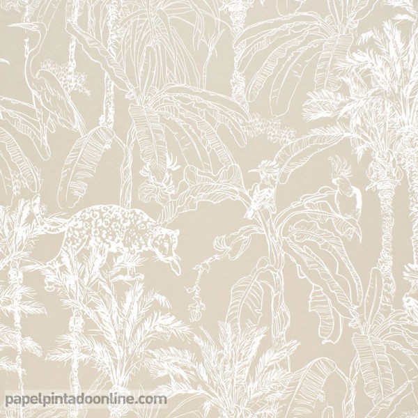 papel pintado de la selva con animales y plantas de estilo tropical fondo color beige perlado 215