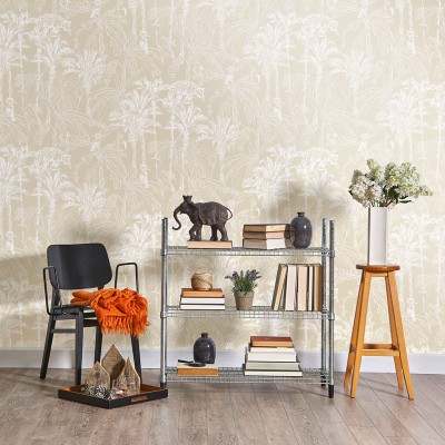 paper pintat de la selva amb animals i plantes d'estil tropical fons de color beige perlat 215