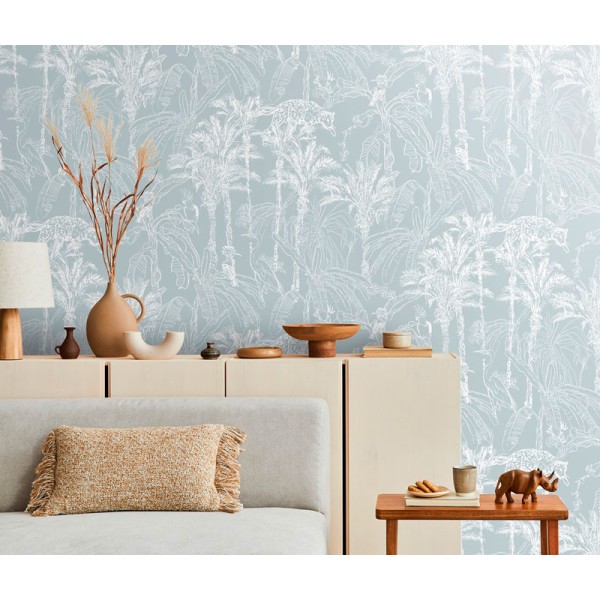 papel pintado de la selva con animales y plantas de estilo tropical fondo color azul perlado 218