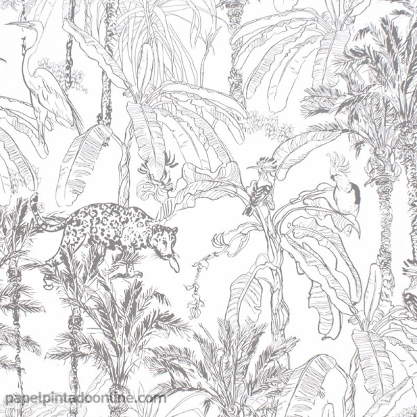 papel de parede selva com animais e plantas em estilo tropical