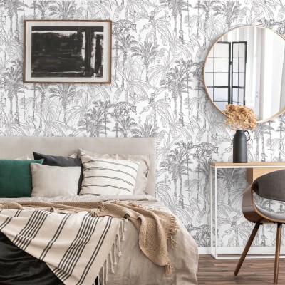 papel de parede selva com animais e plantas em estilo tropical 2