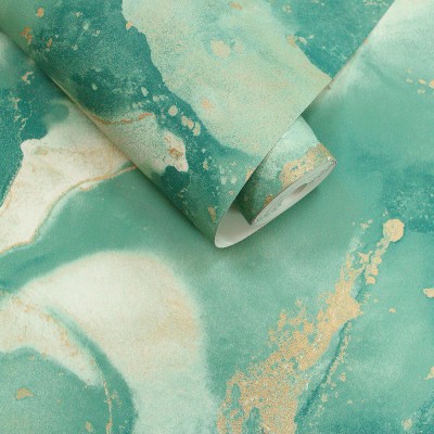 Papel pintado con ondas abstracto verde y dorado PATAGONIA 36230