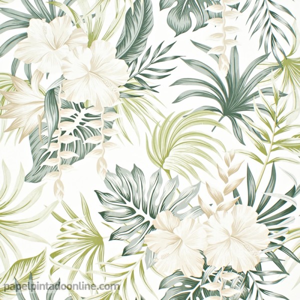 Papel Pintado Pared Beige Motivo Floral - Hojas, Plantas, Arbustos - Para  Dormitorio, Salón y Cocina - Colección Felicita de Novamur - 10,05m x 0,53m