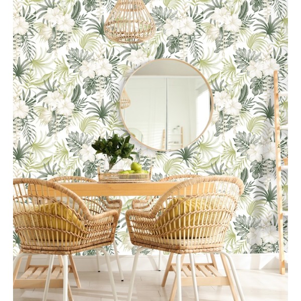 Papel pintado flores tropicales beige y verdes 227 Papel pintado flores tropicales beige y verdes 227