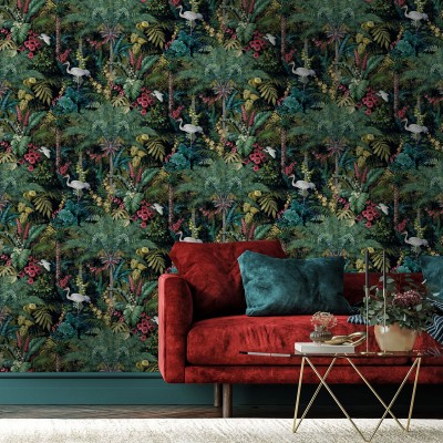 Papel de parede tropical com flamingos CASCADING GARDENS 91441