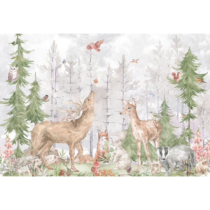 Mural Infantil Bosque Primaveral, paisaje con animales del bosque entre los  árboles, papel pintado para paredes infantiles ANIM5