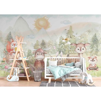 Mural Infantil Animais no Campo de Montanhas ANIM514