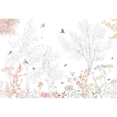 Mural Infantil Paraíso con un paisaje idílico de árboles, pájaros