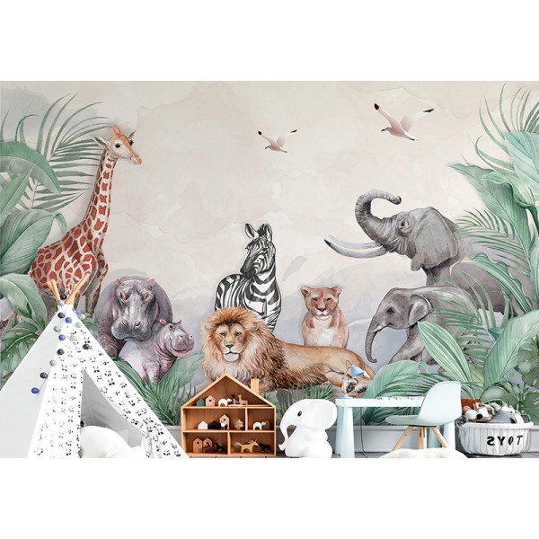 Mural Infantil Animales Amigos, animales de la jungla con hojas exóticas,  papel pintado para paredes infantiles ANIM537