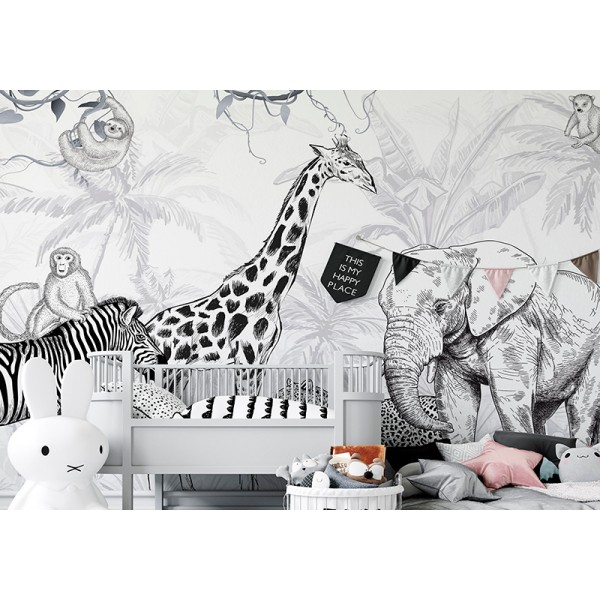 Mural Infantil Jungla Blanco y Negro ANIM563 Mural Infantil Jungla Blanco y Negro ANIM563