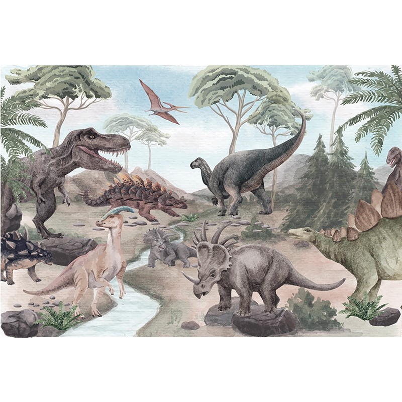 Mural Infantil Dinosaurios Acuarelados, ilustración acuarela de dinosaurios  con rocas y un río, papel pintado para paredes infan