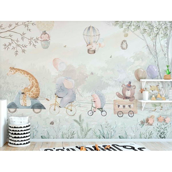 Mural Infantil Animals Sobre Rodes ANIM573