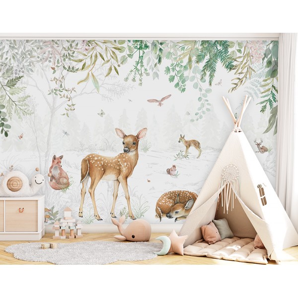 Mural Infantil Bosque de Sueños con ciervos y animales entre los árboles, papel  pintado para paredes infantil ANIM577