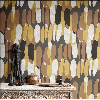 Papel pintado abstracto con círculos irregulares de color mostaza, negro, marrón y blanco, Cvlto de Parato 21139