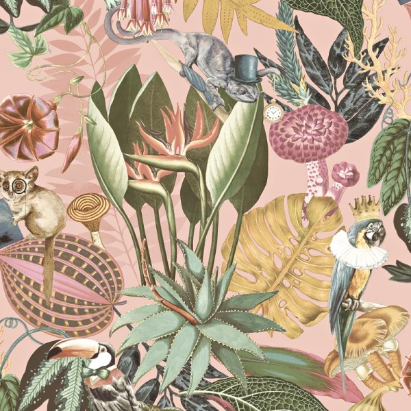 Papéis de Parede Natureza exótica, desenho de plantas e animais fundo rosa