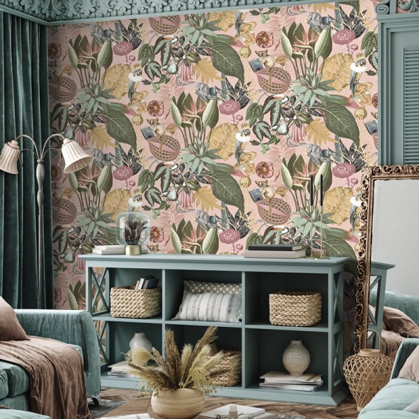 Papel pintado Naturaleza Exótica , diseño de plantas y animales fondo rosa Papel pintado Naturaleza Exótica , diseño de plantas y animales fondo rosa