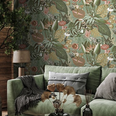 Papéis de Parede Natureza exótica, desenho de plantas e animais fundo verde 2