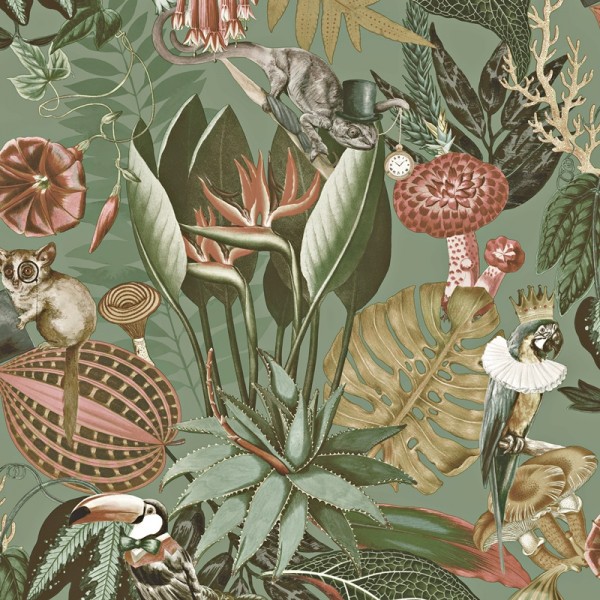 Papéis de Parede Natureza exótica, desenho de plantas e animais fundo verde