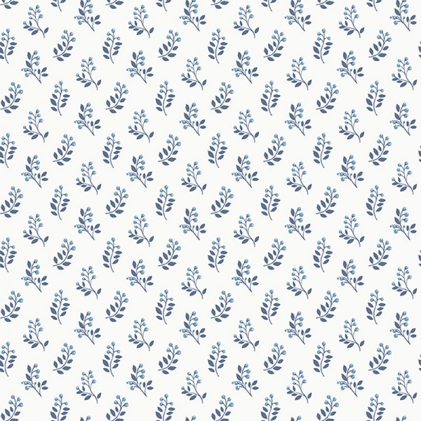 Papel pintado con hojas pequeñas color azul marino con fondo blanco roto